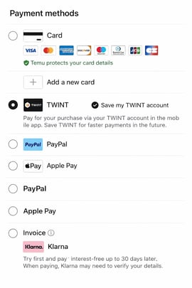 Payment methods in the online store: card, TWINT, PayPal, Apple Pay, and Klarna invoice