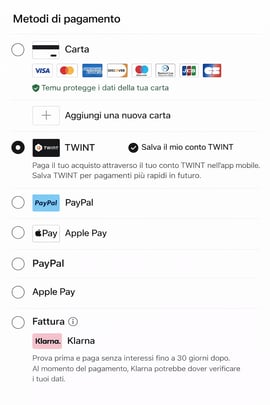 Metodi di pagamento nel negozio online: carta, TWINT, PayPal, Apple Pay e fattura Klarna