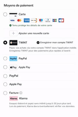 Modes de paiement dans la boutique en ligne : carte, TWINT, PayPal, Apple Pay et facture Klarna