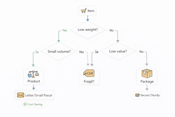Arbre de décision pour le choix entre lettre, petit envoi et colis pour l'expédition internationale : les articles sont évalués selon le poids, le volume, la valeur et la fragilité – les produits légers et compacts sont expédiés en lettre ou petit envoi, le principal levier d'économie.