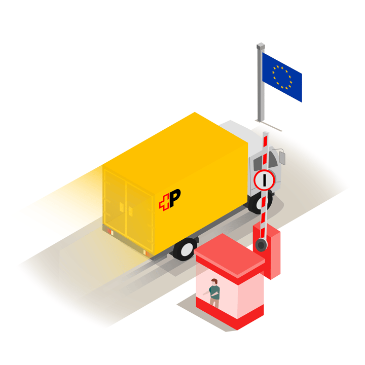 Camionnette jaune de la Poste Suisse à un poste frontière arborant le drapeau européen – symbolisant les envois internationaux depuis la Suisse vers l'Europe.