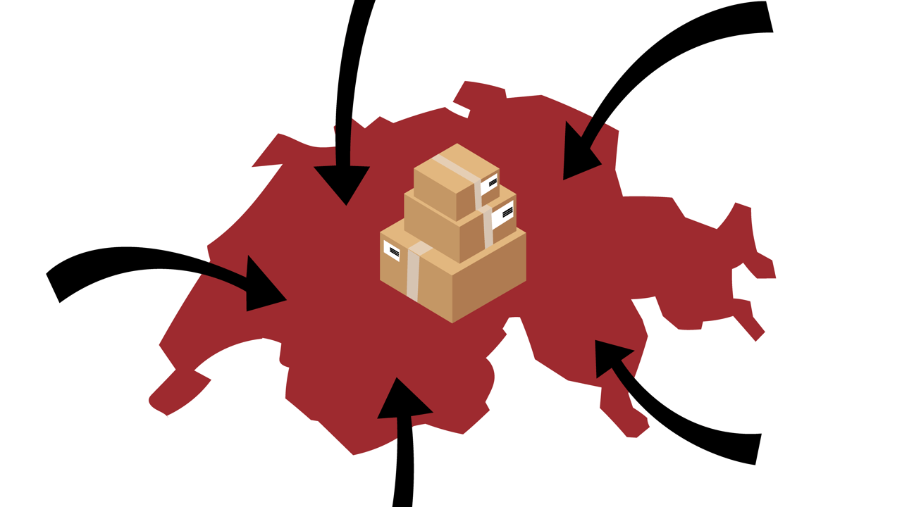 Red silhouette of Switzerland with a stack of parcels in the middle; several black arrows point from the outside to the inside of the parcel, symbolizing imports into Switzerland.
