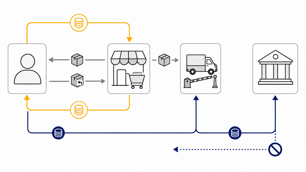 Infographic on the flow of funds in the DAP model: In the event of a return, the purchase price flows back from the retailer to the customer, while the import VAT remains with the government and is not automatically refunded.