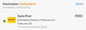 Checkout Seite mit Versand in die Schweiz per Swiss Post kostenloser Lieferung und voraussichtlichem Liefertermin