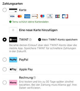 Zahlungsarten im Online-Shop: Karte, TWINT, PayPal, Apple Pay und Klarna Rechnung