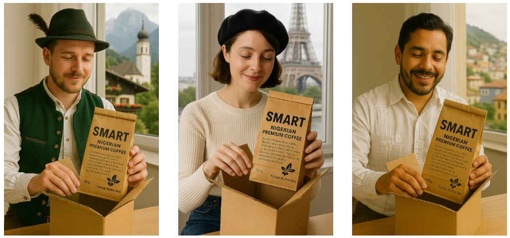 Three customers in Europe unbox “SMART Nigerian Premium Coffee” from a shipping box (Switzerland, Paris, Southern Europe).