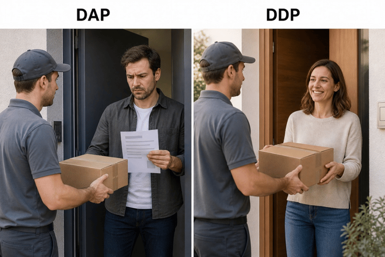 Confronto tra DAP e DDP nella consegna dei pacchi: a sinistra, un destinatario controlla i documenti al momento della consegna; a destra, una destinataria ritira un pacco direttamente alla porta di casa.