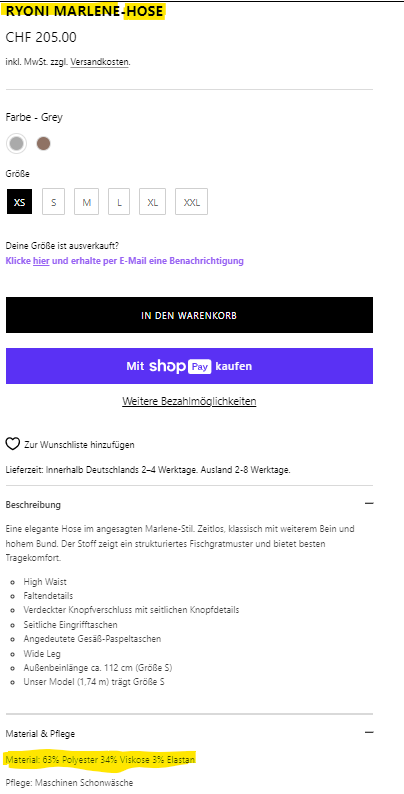 Example for a Product page including necessary product information for customs clearance