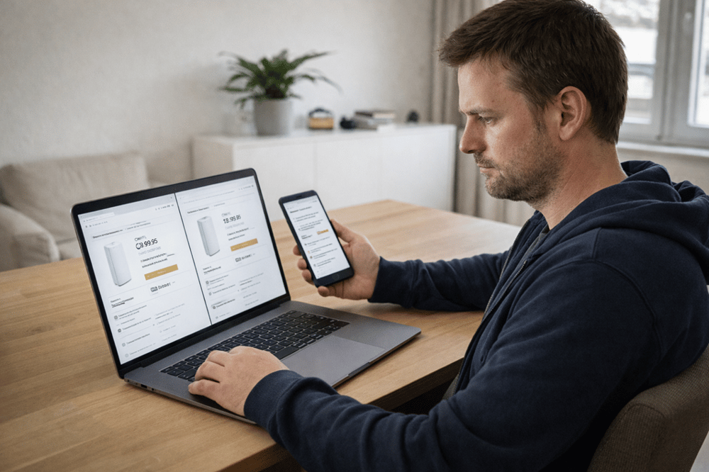 Mann nutzt Laptop und Smartphone, um Produktpreise und Funktionen auf einer E-Commerce-Website am Schreibtisch im Homeoffice zu vergleichen