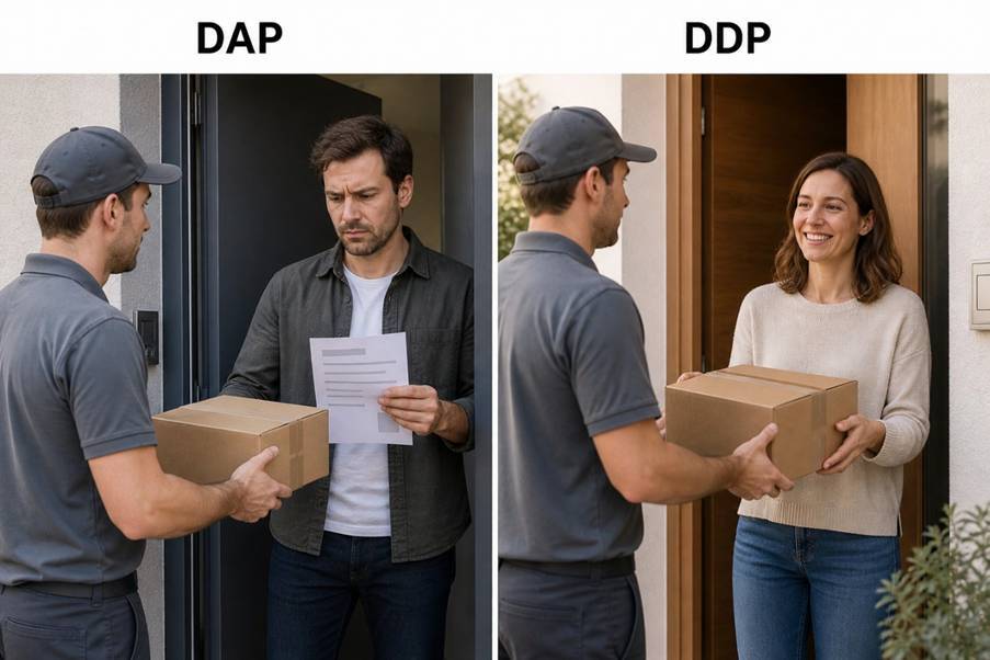 Comparaison entre DAP et DDP : à gauche, un homme reçoit un colis du livreur tout en examinant des documents de douane ou de taxes ; à droite, une femme reçoit simplement le colis des mains du livreur.