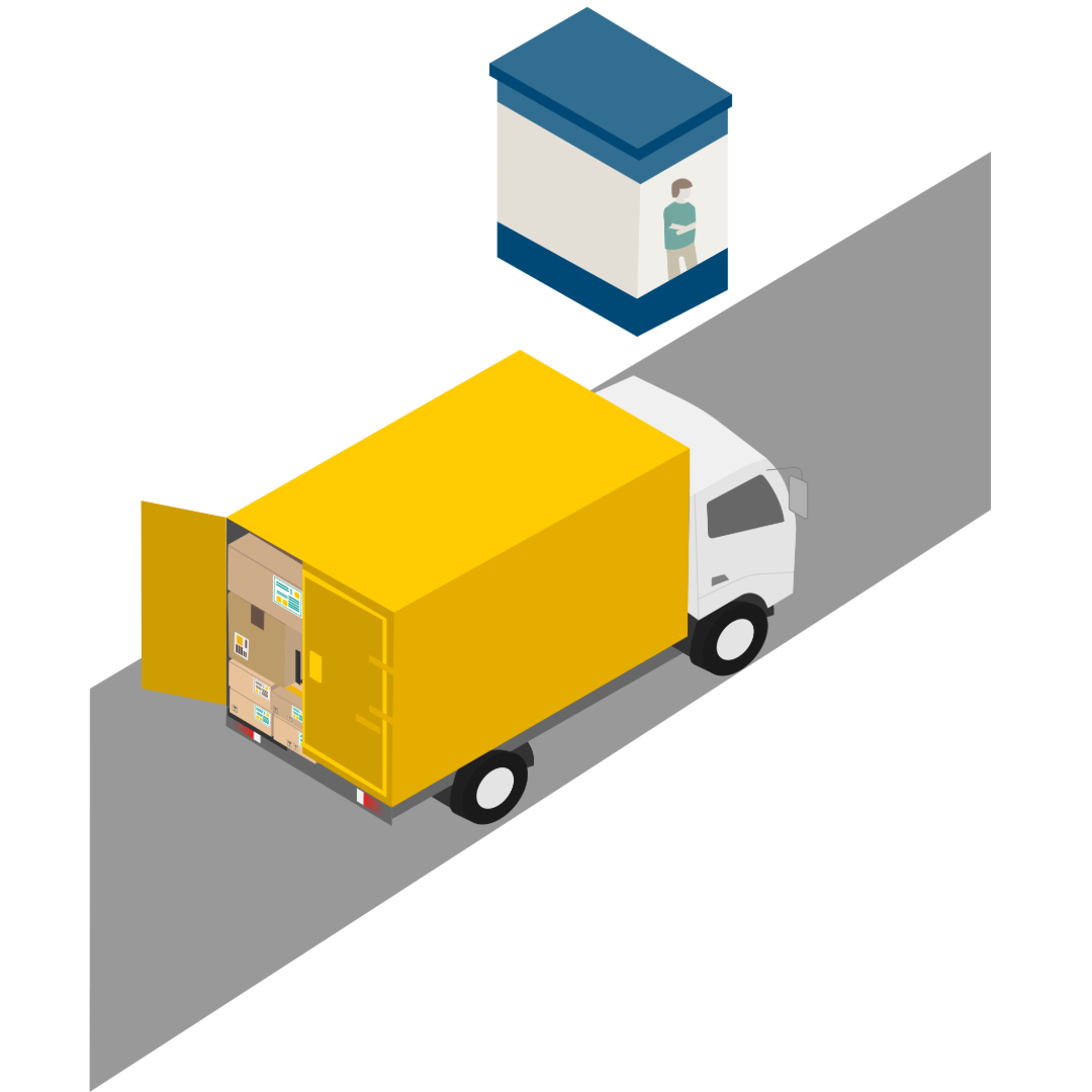 Camionnette jaune avec porte arrière ouverte. La camionnette jaune est chargée de paquets de différentes tailles.