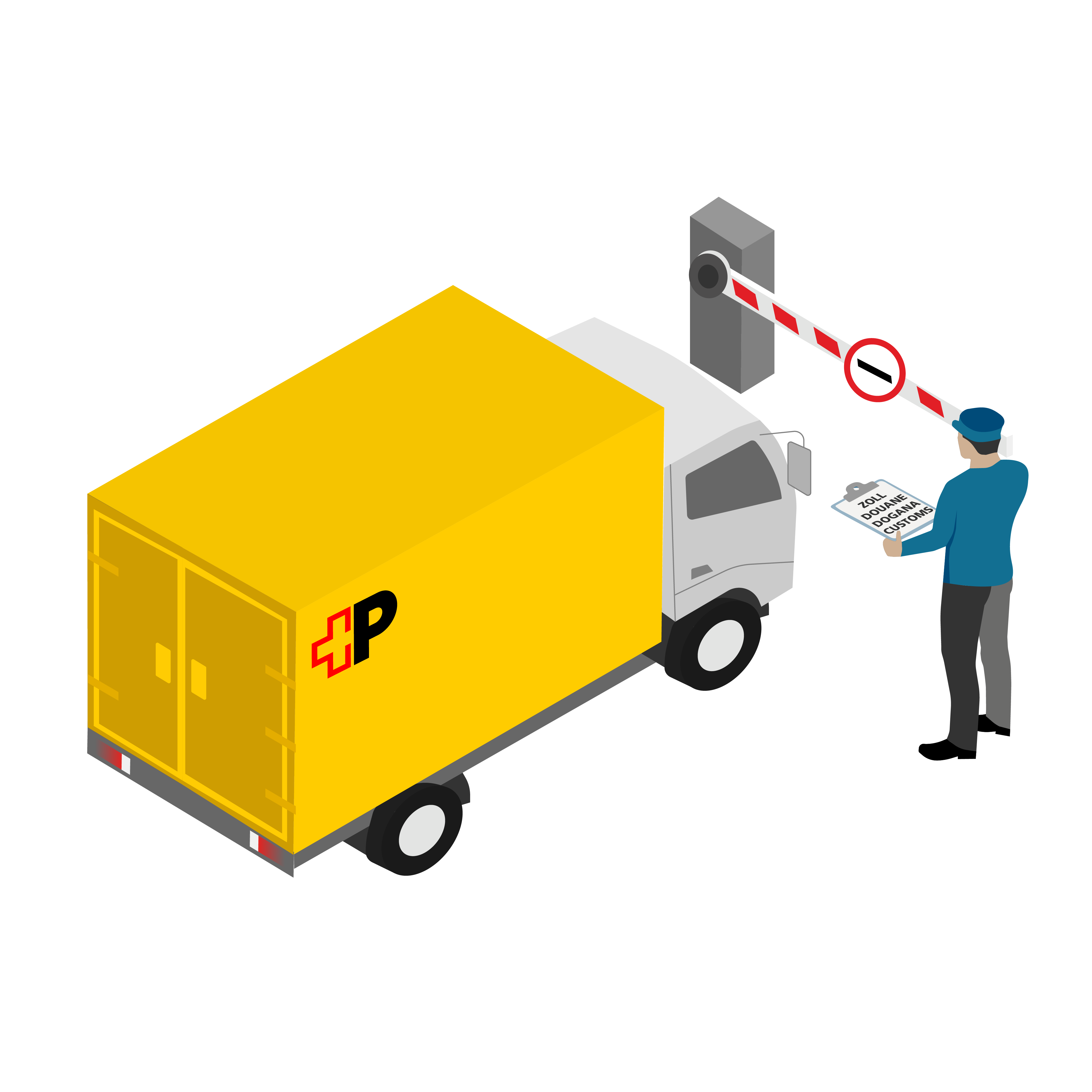 Illustration d'une camionnette de livraison de la Poste suisse devant la barrière douanière. Un douanier contrôle les documents pour l'envoi à l'étranger.